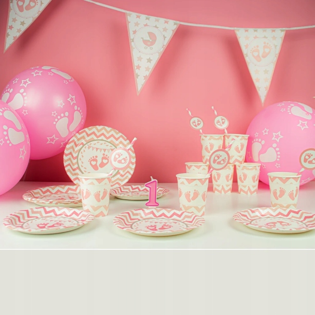 TALERZYKI BABY SHOWER ROCZEK RÓŻOWE STÓPKI Motyw BABY SHOWER