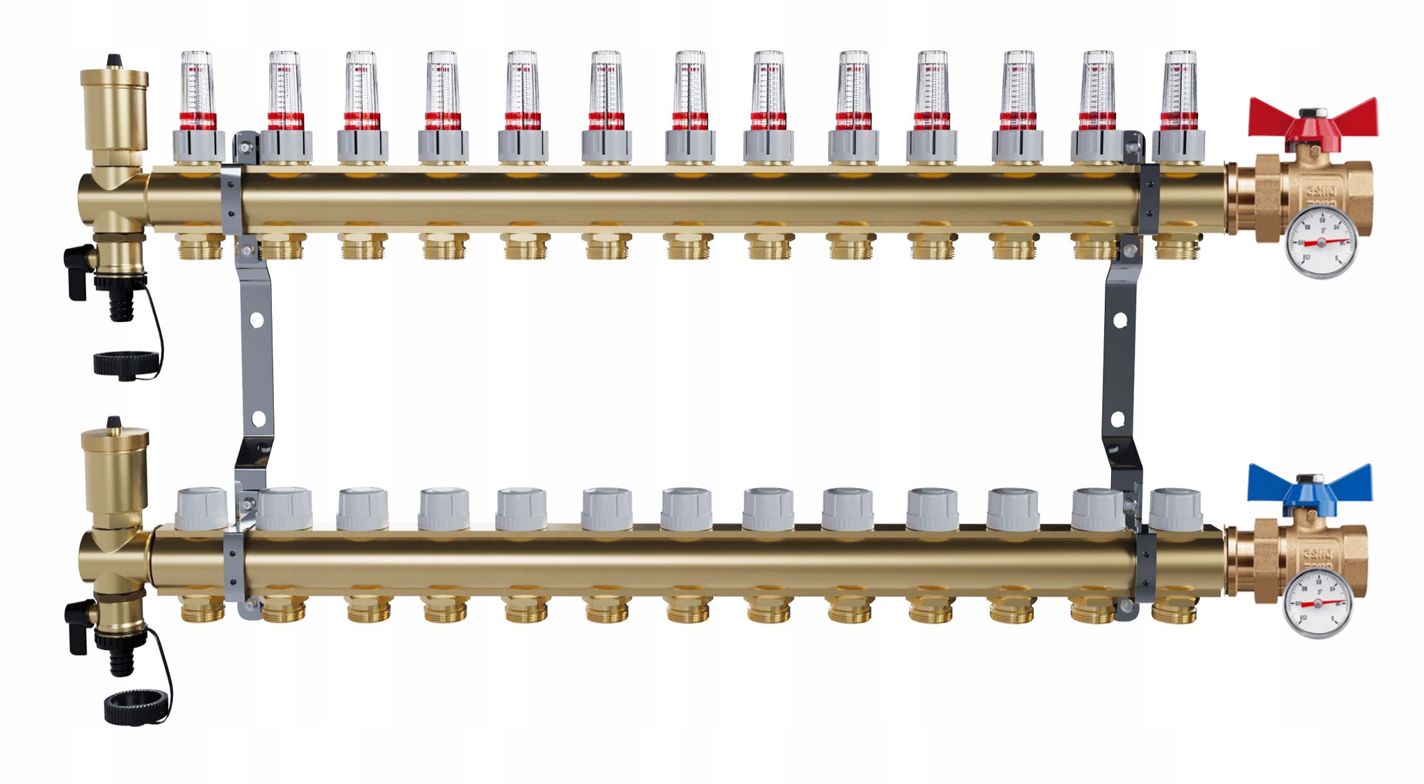 Rozdělovač Pro Podlahovku 13 Okruhů Jednoduchý Kulový Ventil Teploměr