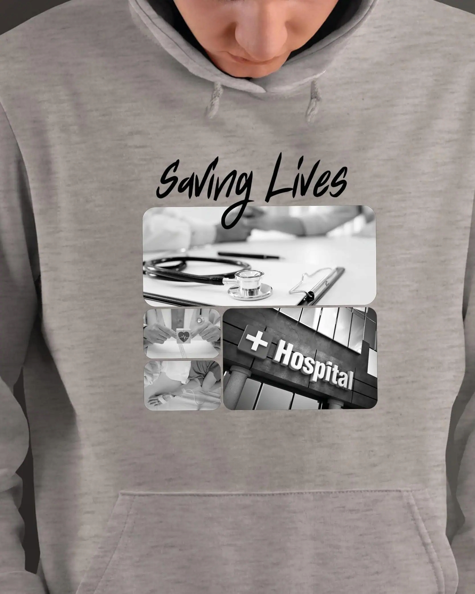 Mikina s kapucí Dárek pro lékaře Umělecká koláž Šedá M