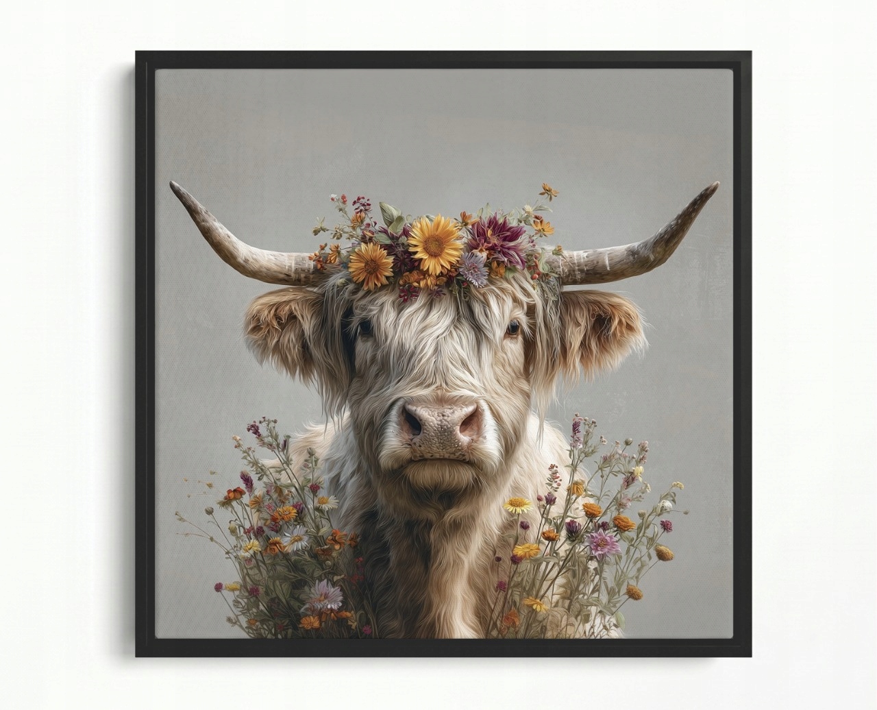 Obraz Rám Americký Box Portrét Fauna Kráva Skotsko Highland Květiny 50x50