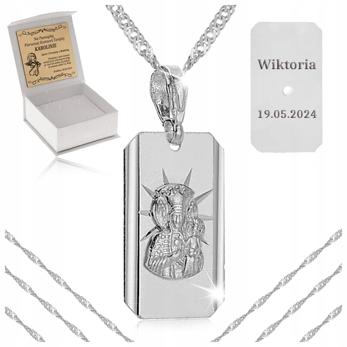 SREBRNY ŁAŃCUSZEK + MEDALIK MATKA BOSKA 925 PREZENT KOMUNIA CHRZEST GRAWER