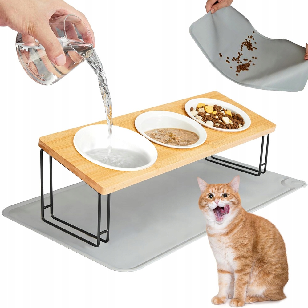 Levně Keramická Miska Pro Kočky Na Stojanu Sada 3 Misky Se Silikonovou Podložkou