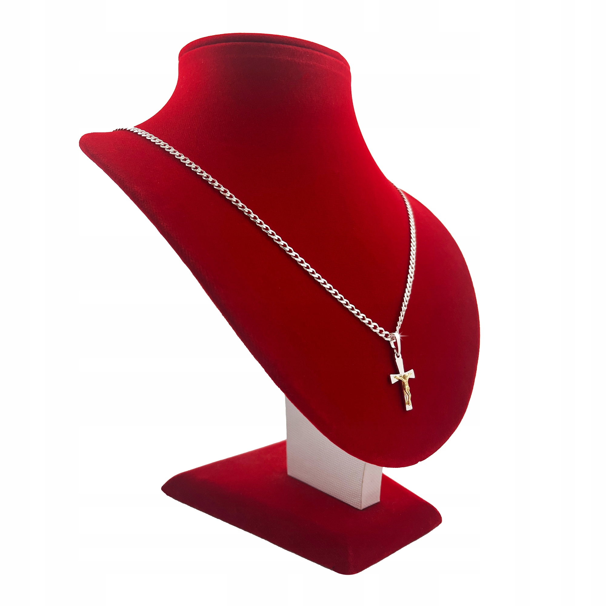 SREBRNY ŁAŃCUSZEK PANCERKA NASZYJNIK KOMUNIJNY + KRZYŻYK Z JEZUSEM + GRAWER Materiał Pozłacany Srebro Srebro pozłacane