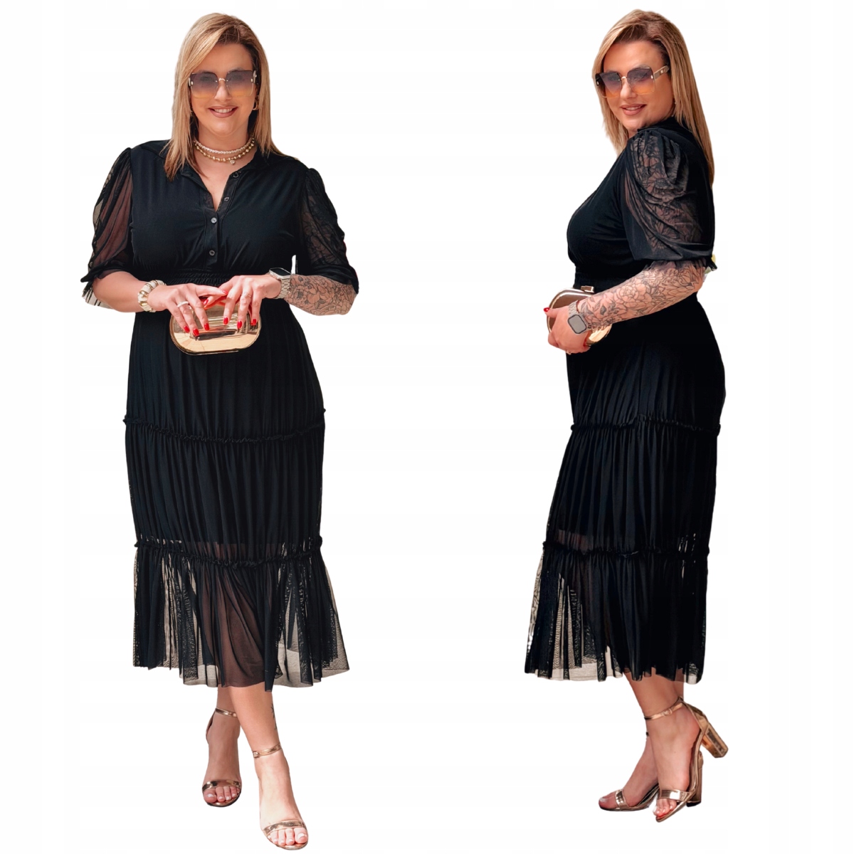 Šaty Plus Size Cavaricci Maxi Velké velikosti Tyl Knoflíky Černá