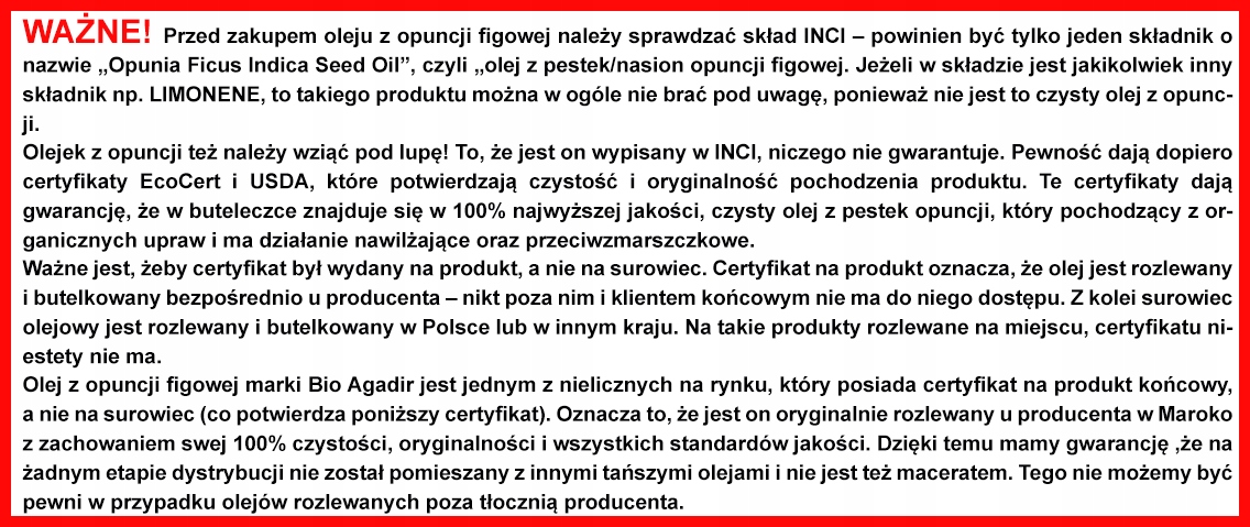 Czysty olejek z pestek opuncji figowej 50 ml EcoCert Bio Agadir z Maroko Marka Bio Agadir