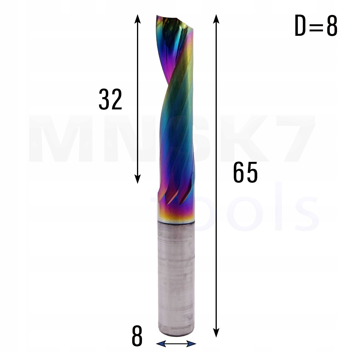 Frez jednopiórowy do aluminium 1P fi 8.0 x 32 x 65 Cnc Vhm Hrc 55 DLC