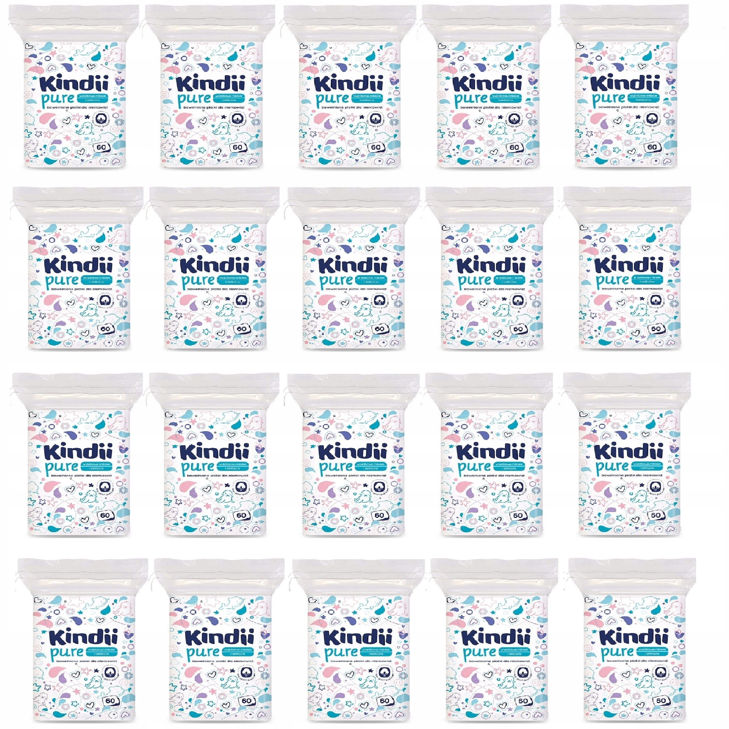 KINDII PURE DUŻE KWADRATOWE BAWEŁNIANE PŁATKI DLA NIEMOWLĄT 60 SZT