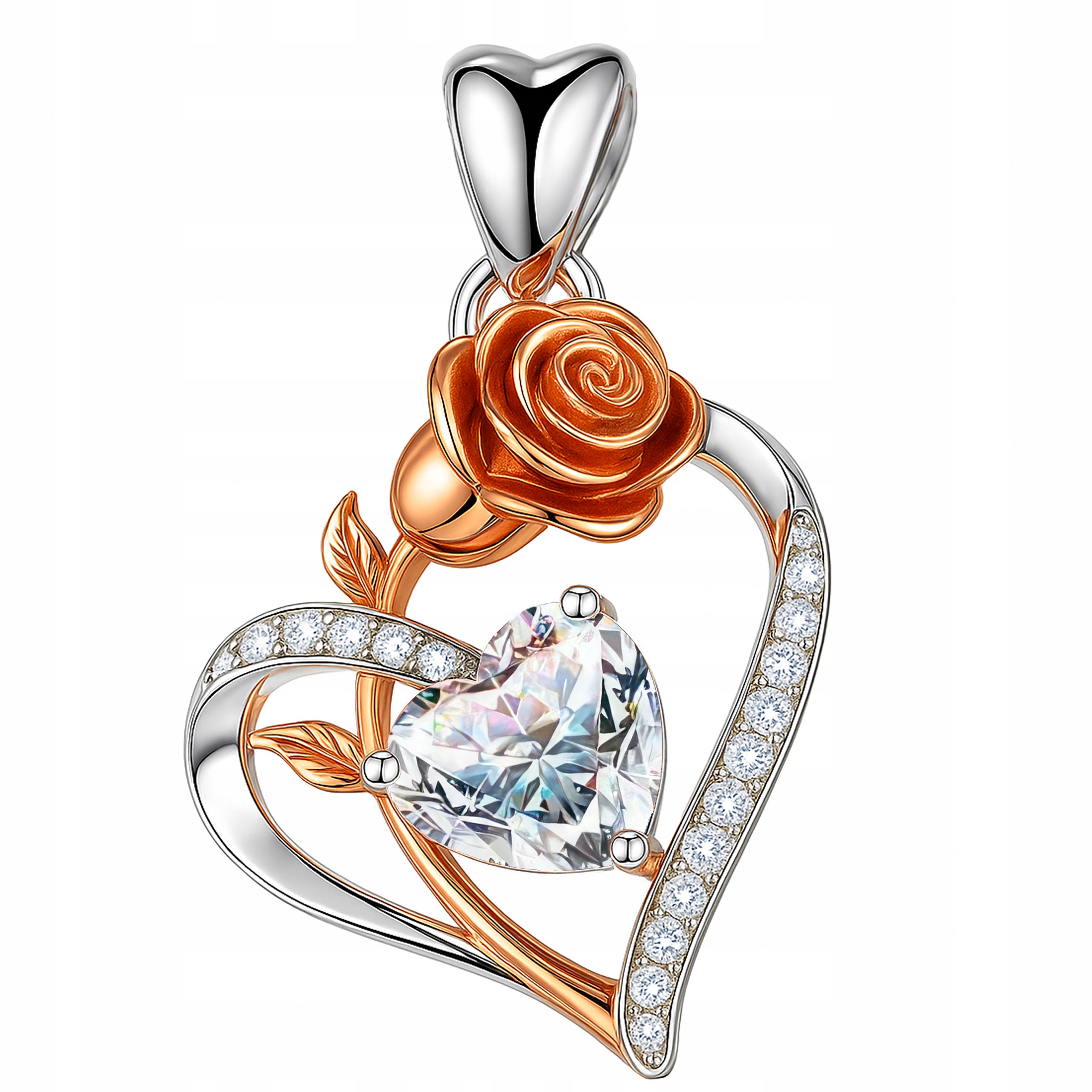 Stříbrný přívěsek na řetízek Bílé křišťálové srdce s růží Stříbro 925
