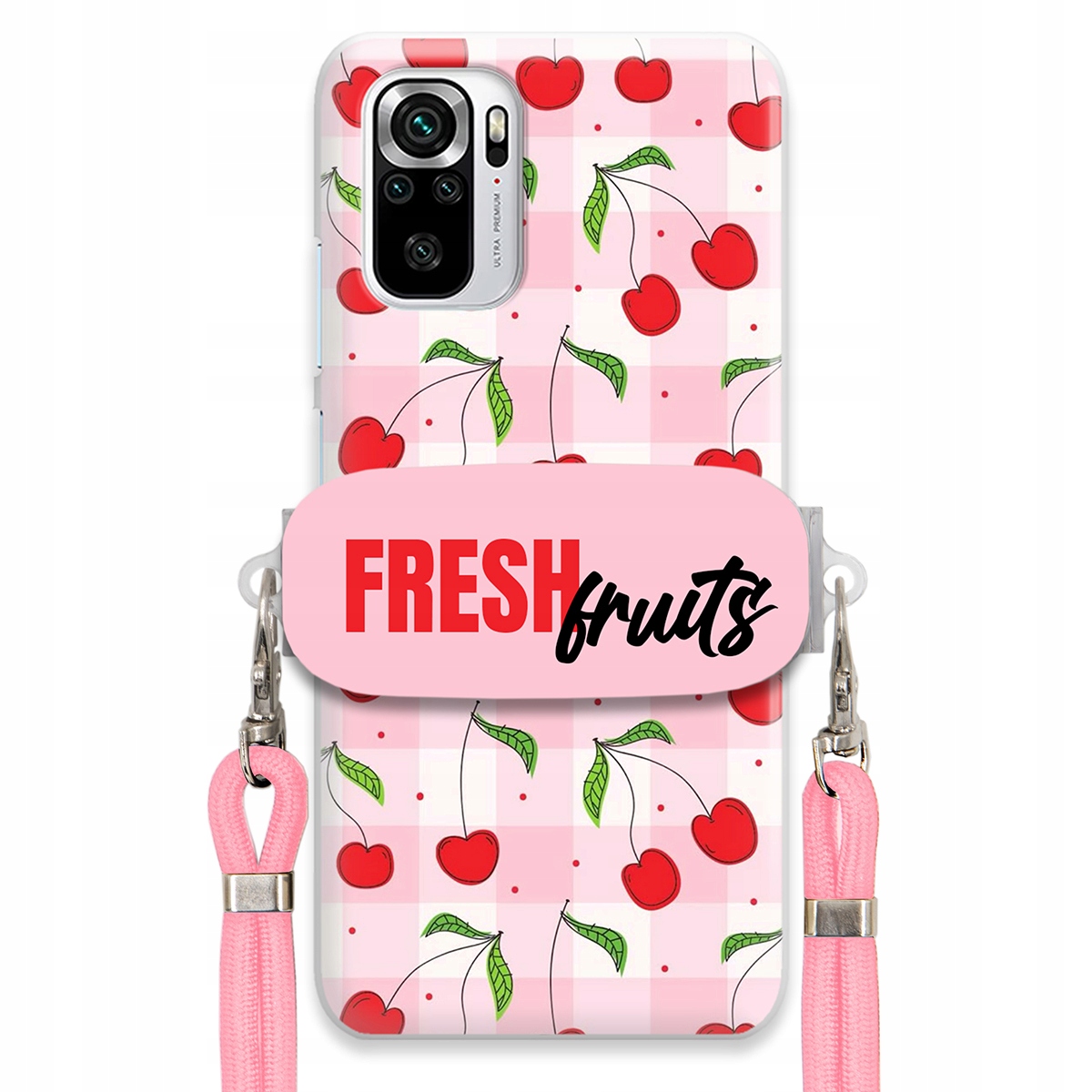 Puzdro pre Xiaomi Redmi Note 10S Case Držiak šnúrok Ružový Fresh Fruits Mriežka