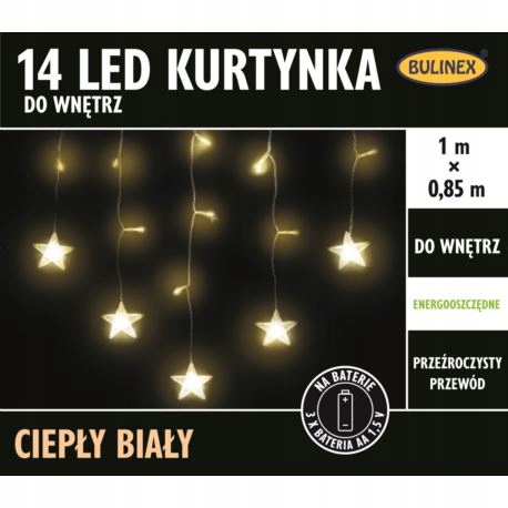 KURTYNA ŚWIETLNA GWIAZDKI LAMPKI LED WITRAŻ OKNO ŚWIĄTECZNY CIEPŁY BATERIE
