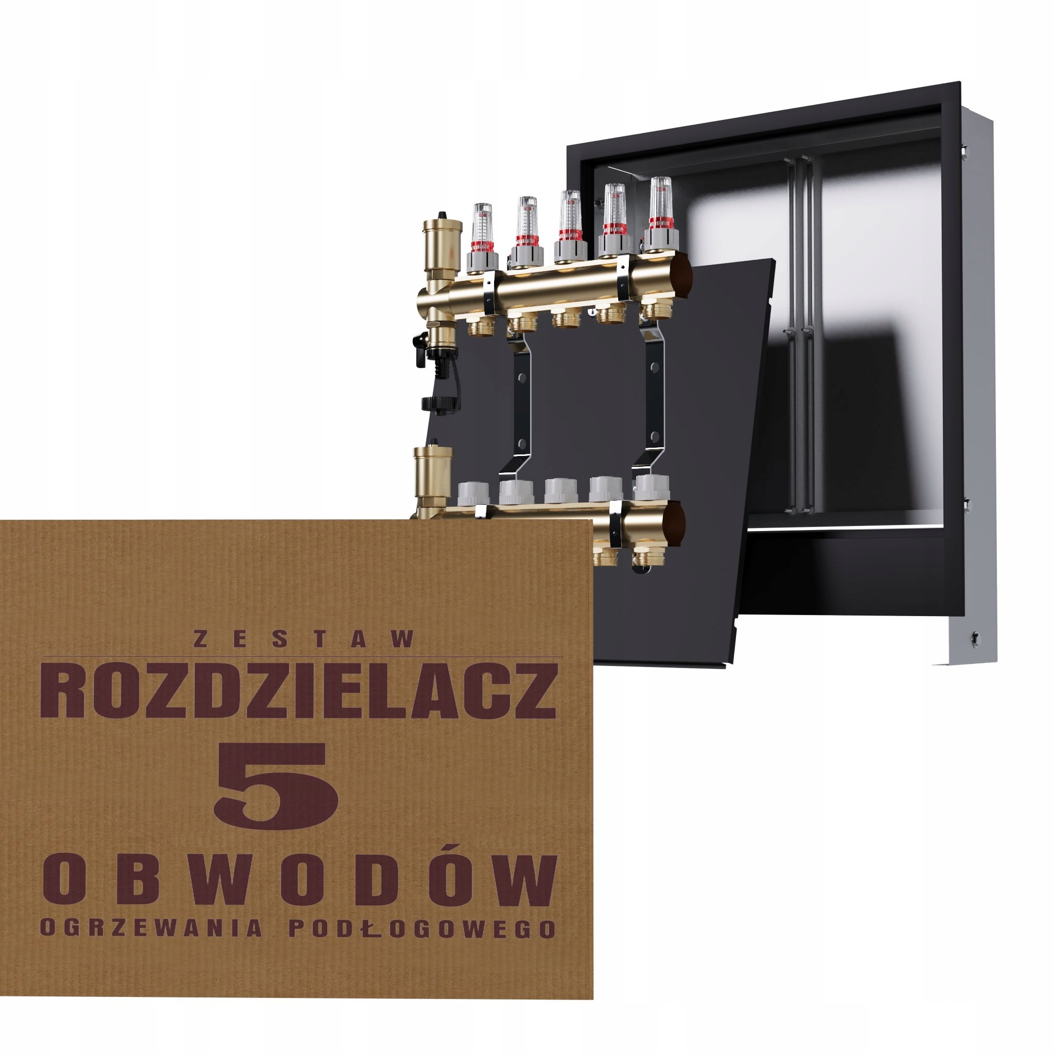 Rozdělovač pro 5-okruhovou mosaznou podlahu a podomítkový box, černý