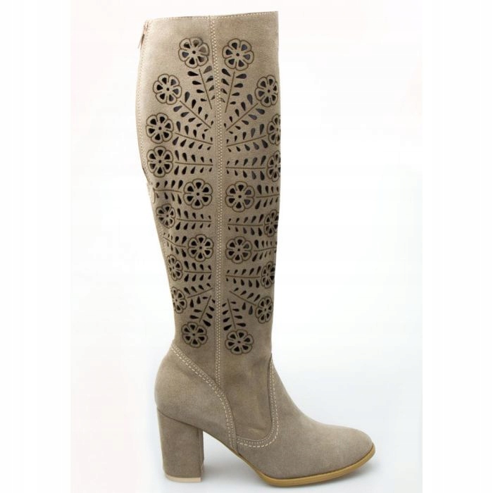Béžové Kozačky Pod Kolena Klasická Kůže Ažurová 37