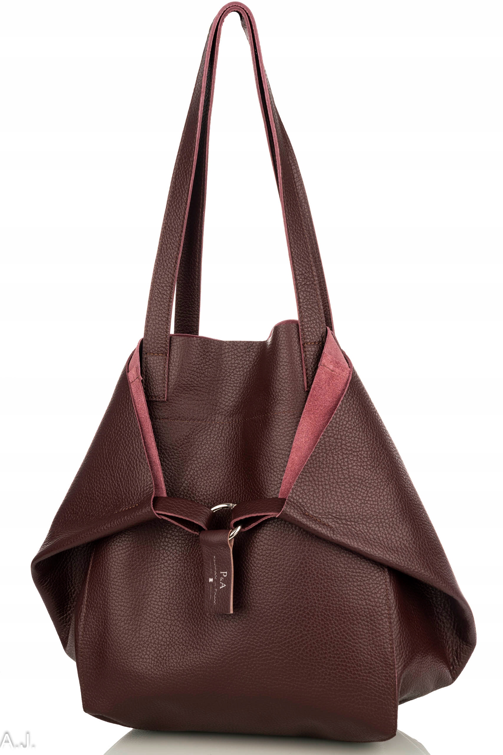 Kožená kabelka, velká taška z bordó kůže, prostorná nákupní taška, polský výrobek