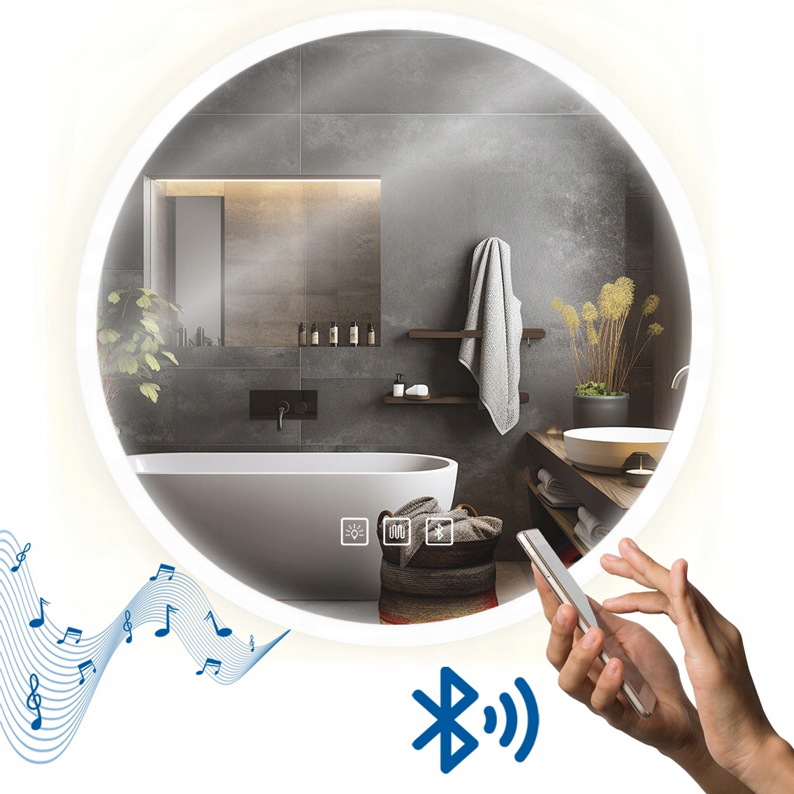 Led Kúpeľňové Zrkadlo Na Dotyk Okrúhle S Bluetooth Reproduktorom 80 CM Vyhrievané