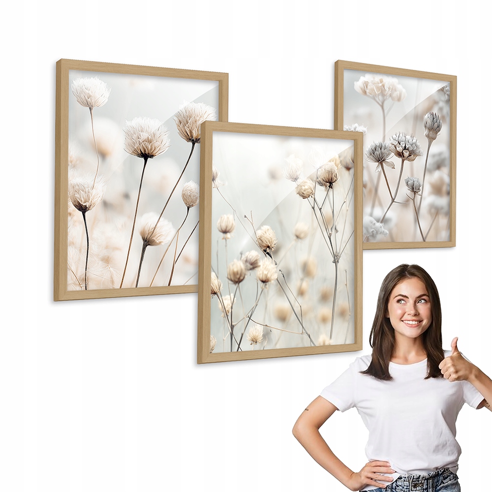 Sada 3 obrazů Gipsówka Sušené Květiny dřevěný rámeček 50x70 do obývacího pokoje