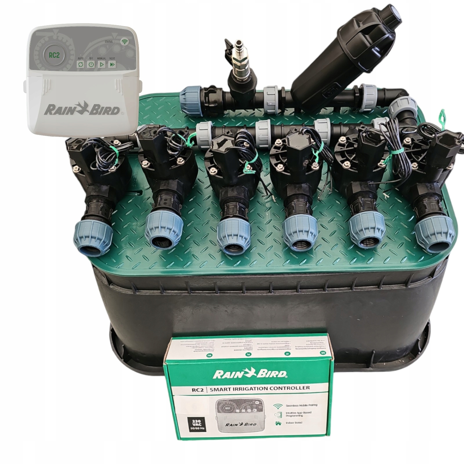 Zestaw Rain Bird 6 sekcji z filtrem Hv Sterownik RC2 WiFi Studzienka Pe 25