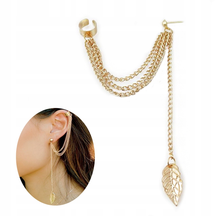 

Nausznica Kolczyk Zacisk Długi Złoty Listek K225