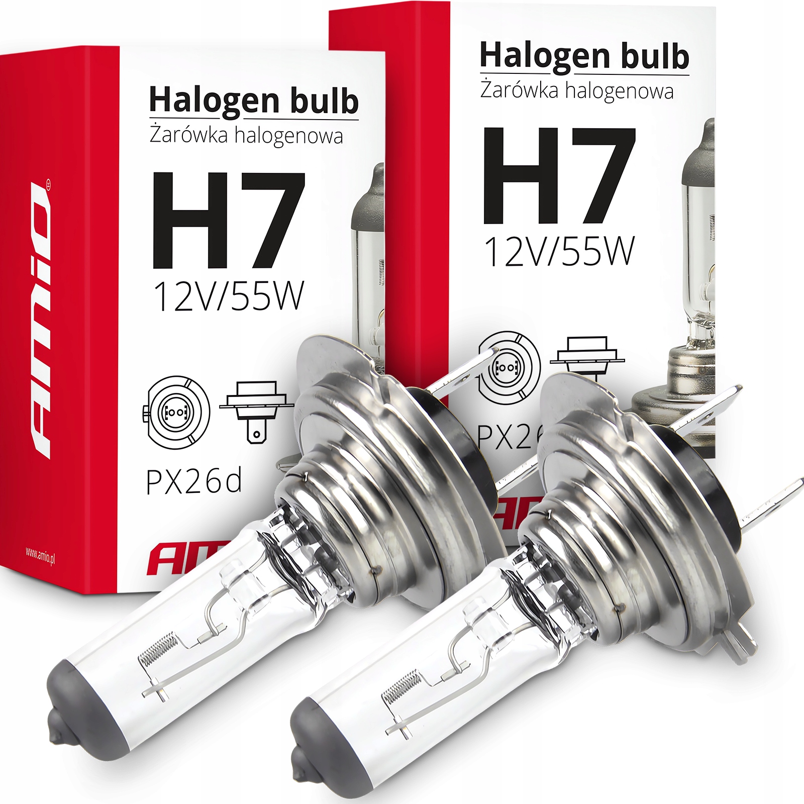2X Żarówka Halogenowa Amio H7 12V 55W Filtr Uv Żarówki Mijania Homologacja