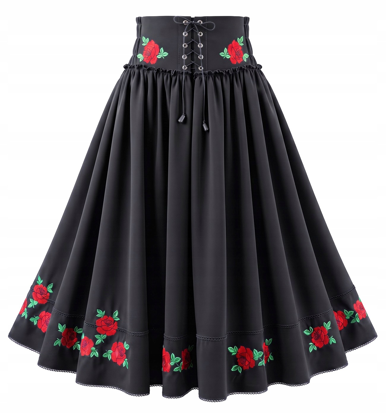 Elegantní Černá Lidová Sukně Vzdušná Dlouhá Krásné Vyšívané Růže *s*