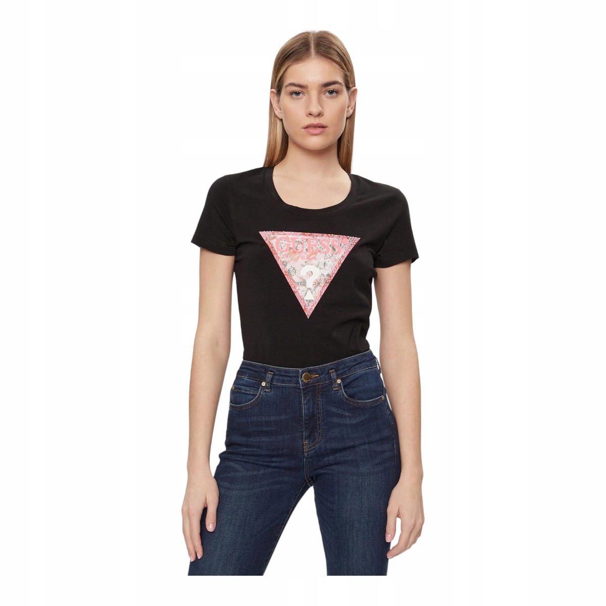 Guess Tričko Dámské Tričko Ss Rn Satin Triangle Černé vel. S