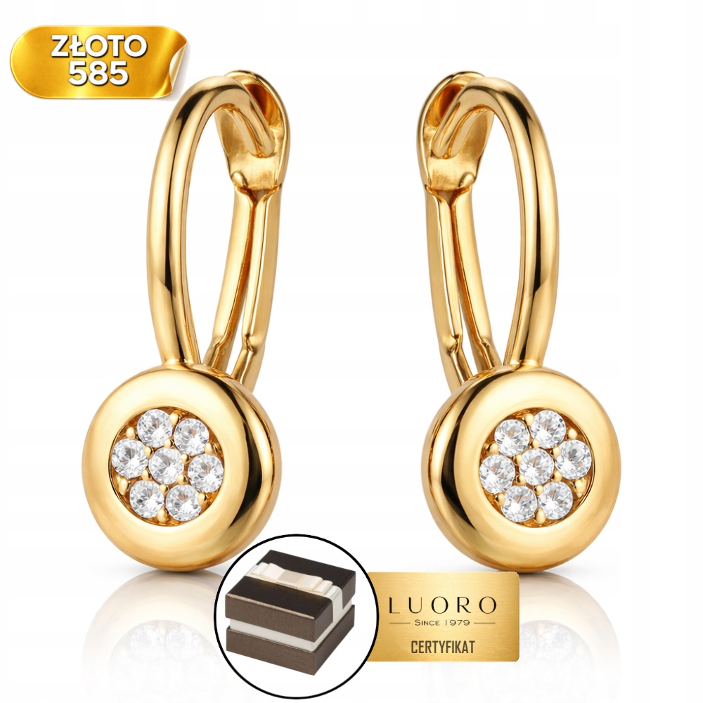 Náušnice Zlaté 585 14K Kroužek Se Zirkony 1,5 CM Krabička Dárek