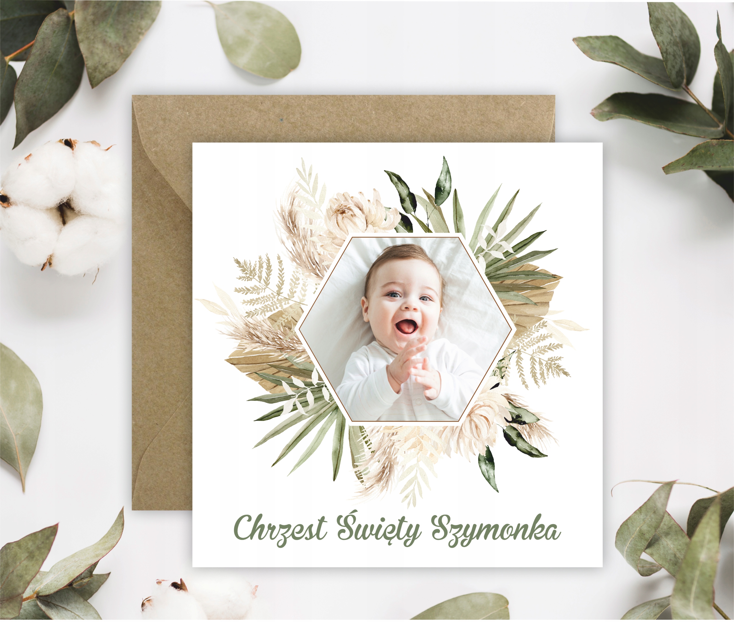 ZAPROSZENIA NA CHRZEST - ZE ZDJĘCIEM - BOHO - IMIĘ Wysokość produktu 14 cm