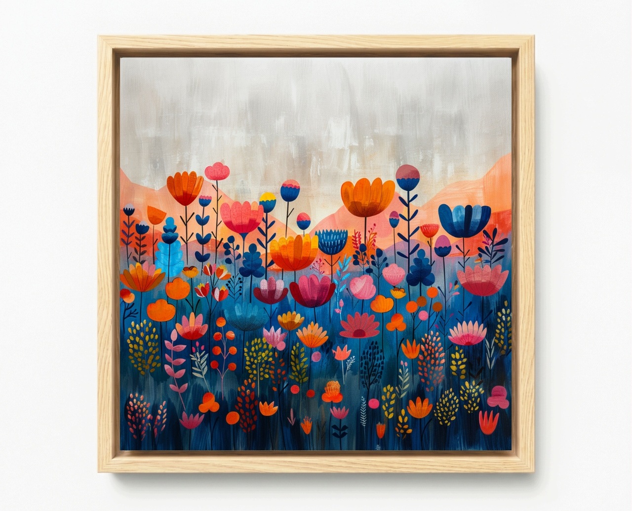 Obraz Rám Americký Box Grafika Folk Louka Zahrada Pohled Květiny 40x40
