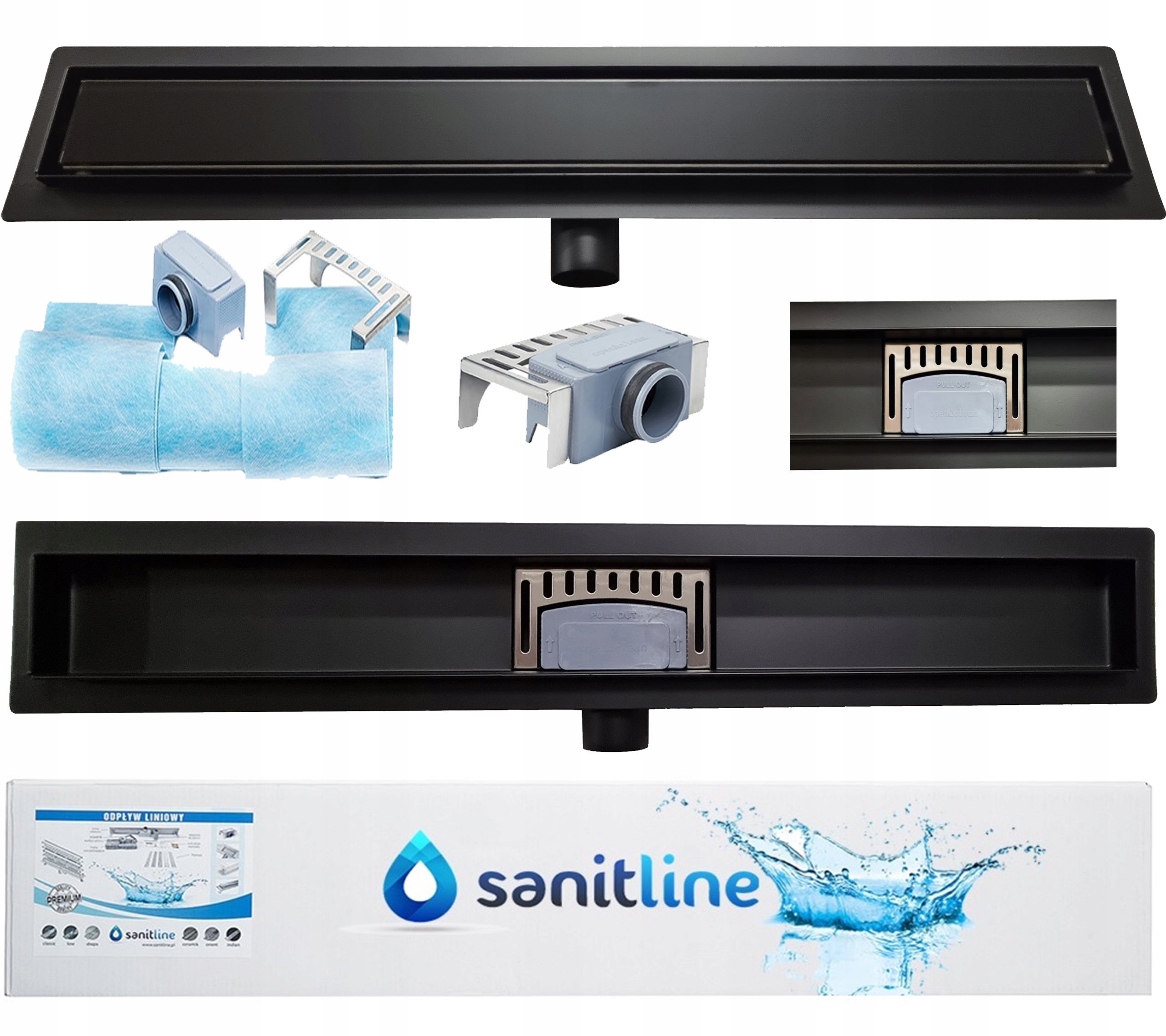 Sanitline Lineární odtok 70 Černé Sklo Černý Mat