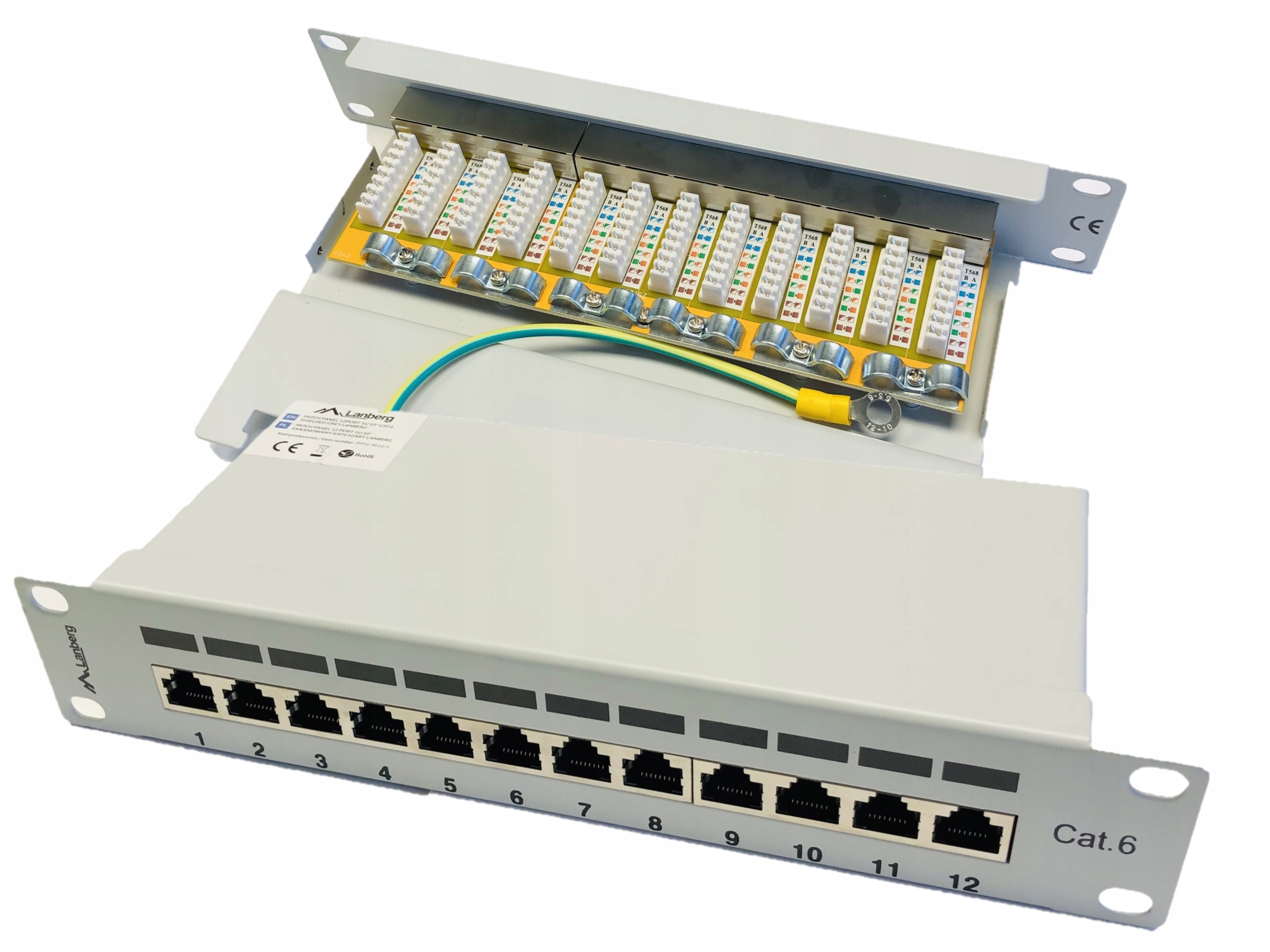 Patch panel Rack 12 port 1U 10" KAT.6 Ftp s organizérem, stíněný, šedý