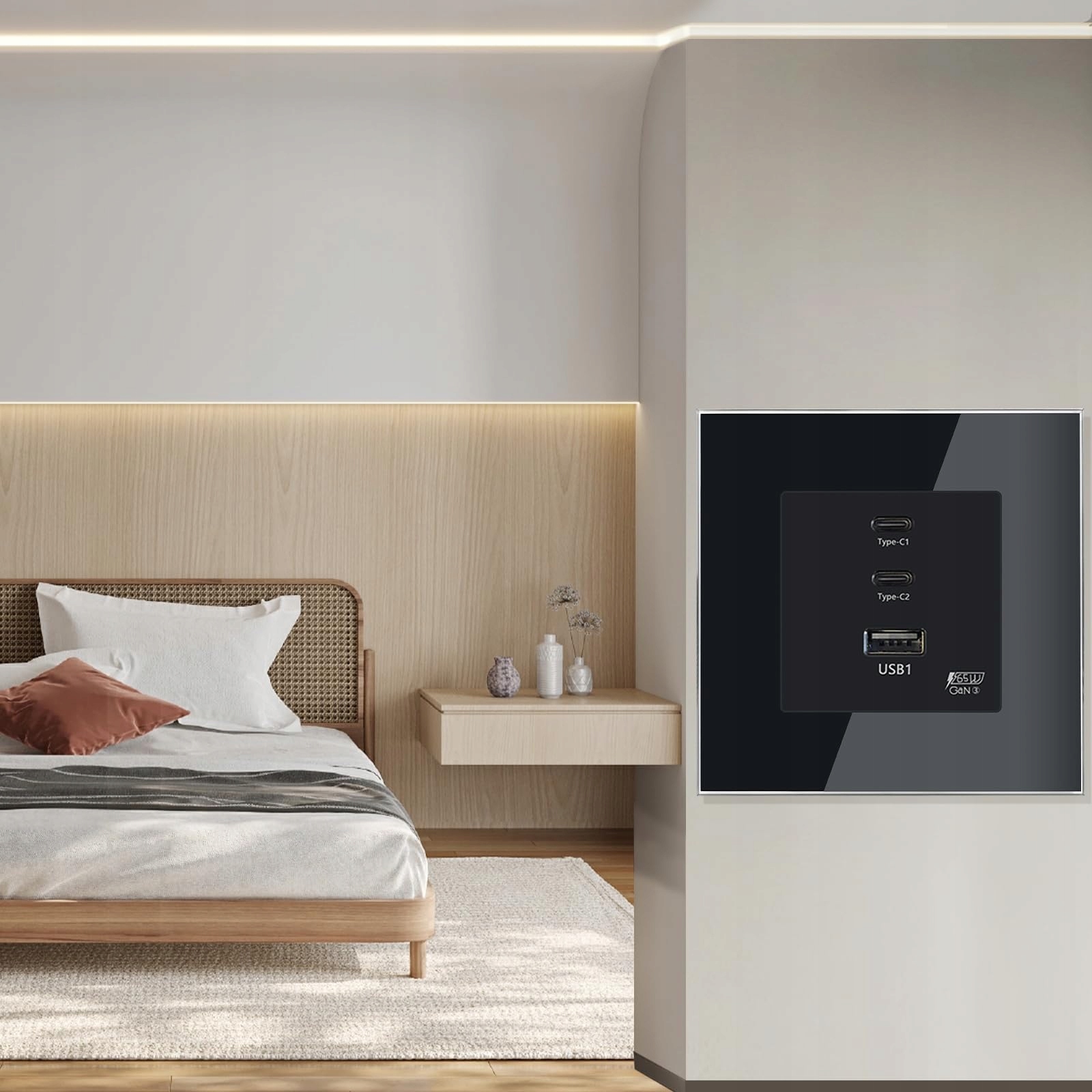 TAWOIA Gniazdko Schuko 65W USB C Szybkie Ładowanie Czarny Szklany Panel — miniatura 9