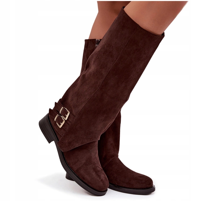 Kozačky Eko Semiš Plochý Podpatek Zateplené Pásky S Přezkami Čokoládové 40