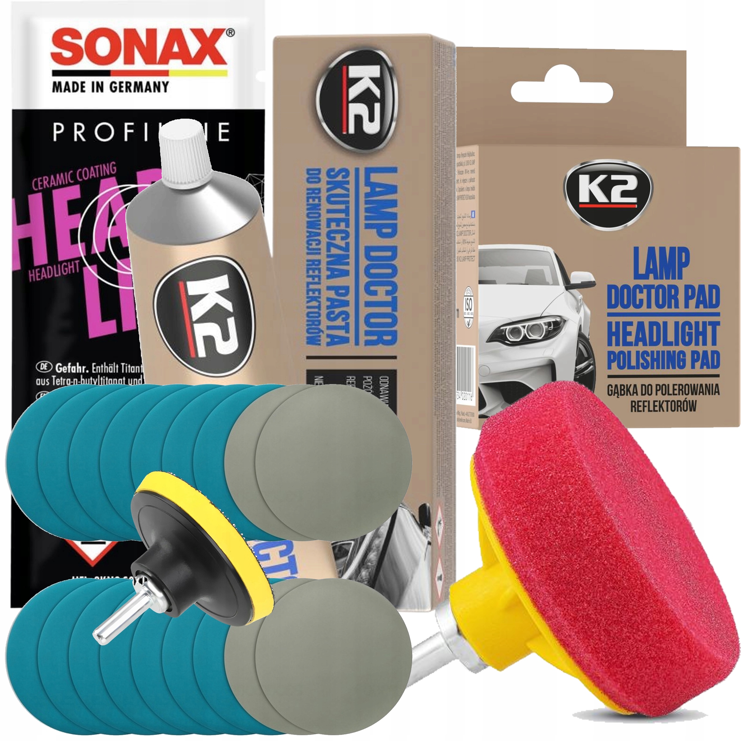 Zestaw K2 Do Odnowy Regeneracji Polerki Reflektorów Lamp Auta Pasta Powłoka