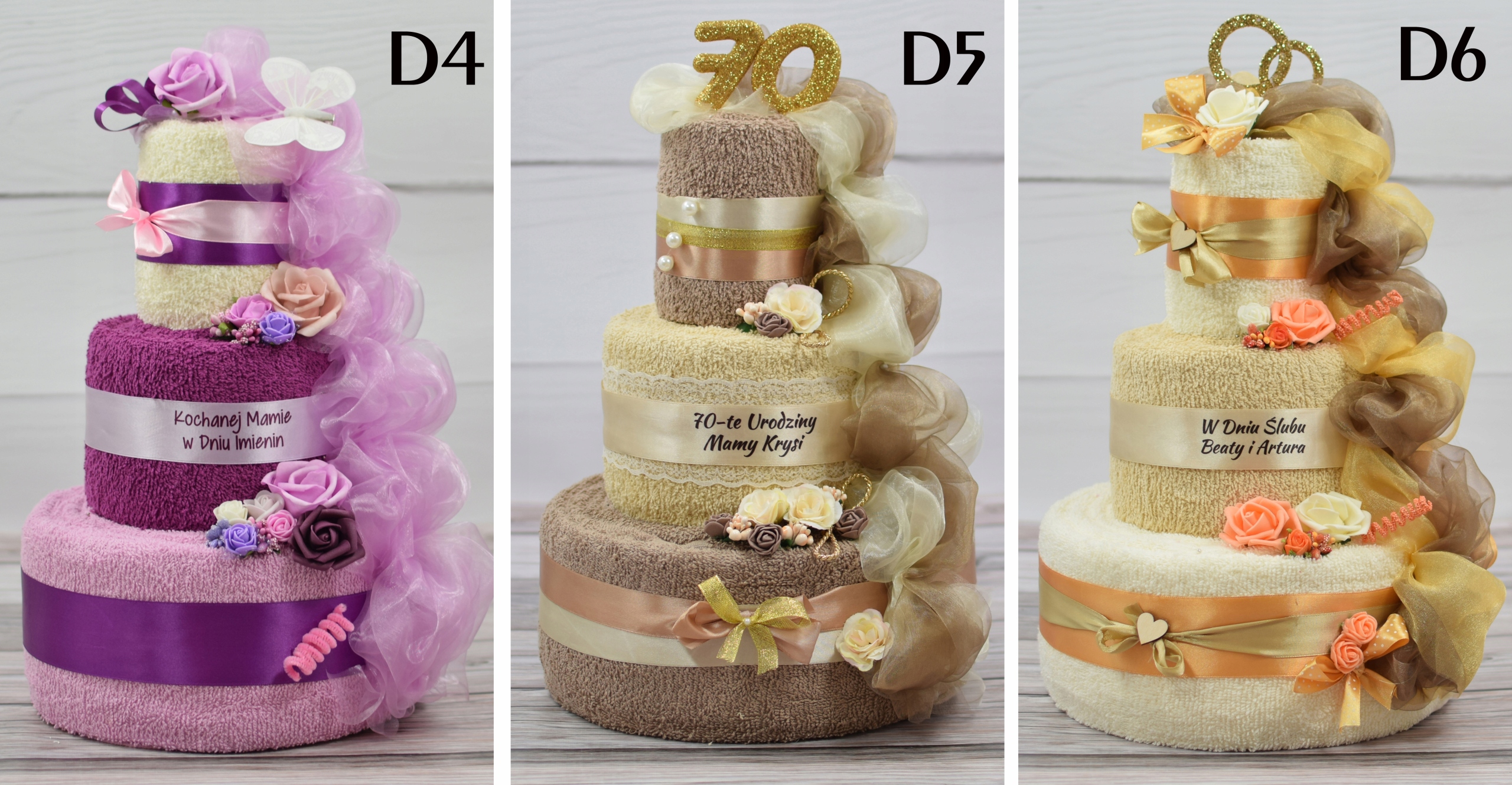 Tort z 4 ręczników PREZENT na Ślub Rocznicę Ślubny Wymiary ręcznika 50x100cm 70x140cm