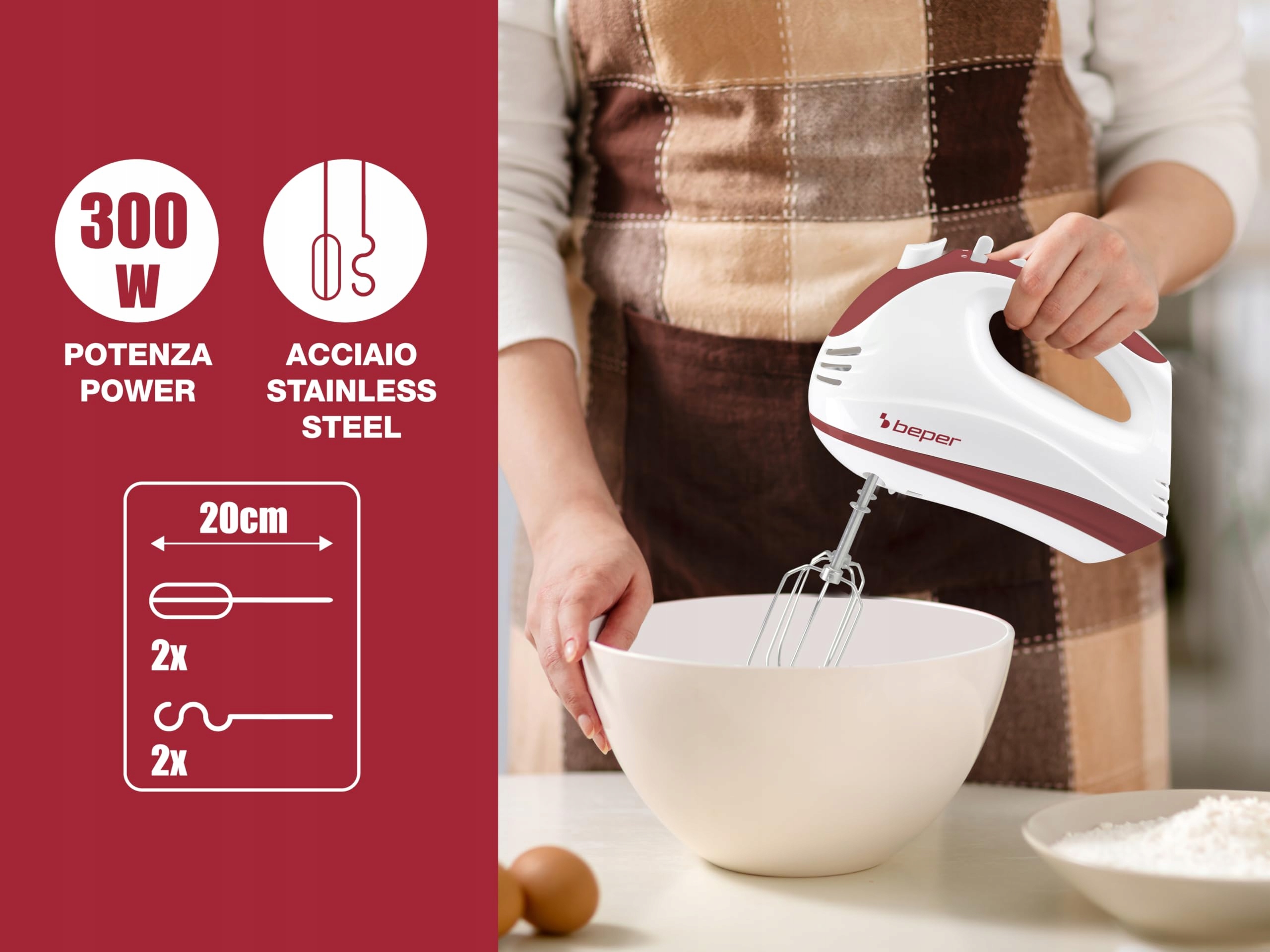 BEPER Mikser Ręczny 300W, 5 Prędkości, Turbo, Ergonomiczny, Biały/Czerwony — miniatura 2