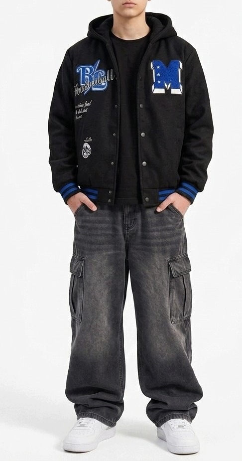 Kurtka bejsbolówka z kapturem Varsity jacket ocieplana, przejściowa 140