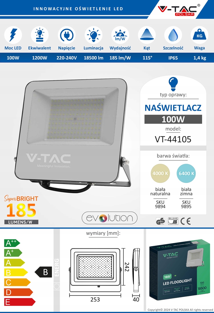 Naświetlacz LED EVOLUTION 100W 16000 lm VT-49161 Kod producenta VT-44105