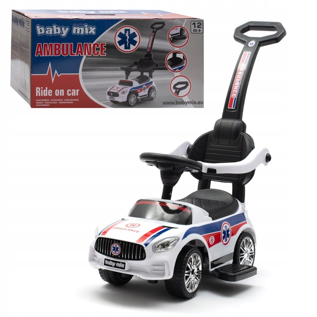Babymix Jeździk Ambulance pojazd z dźwiękiem i pchaczem biały Karetka.