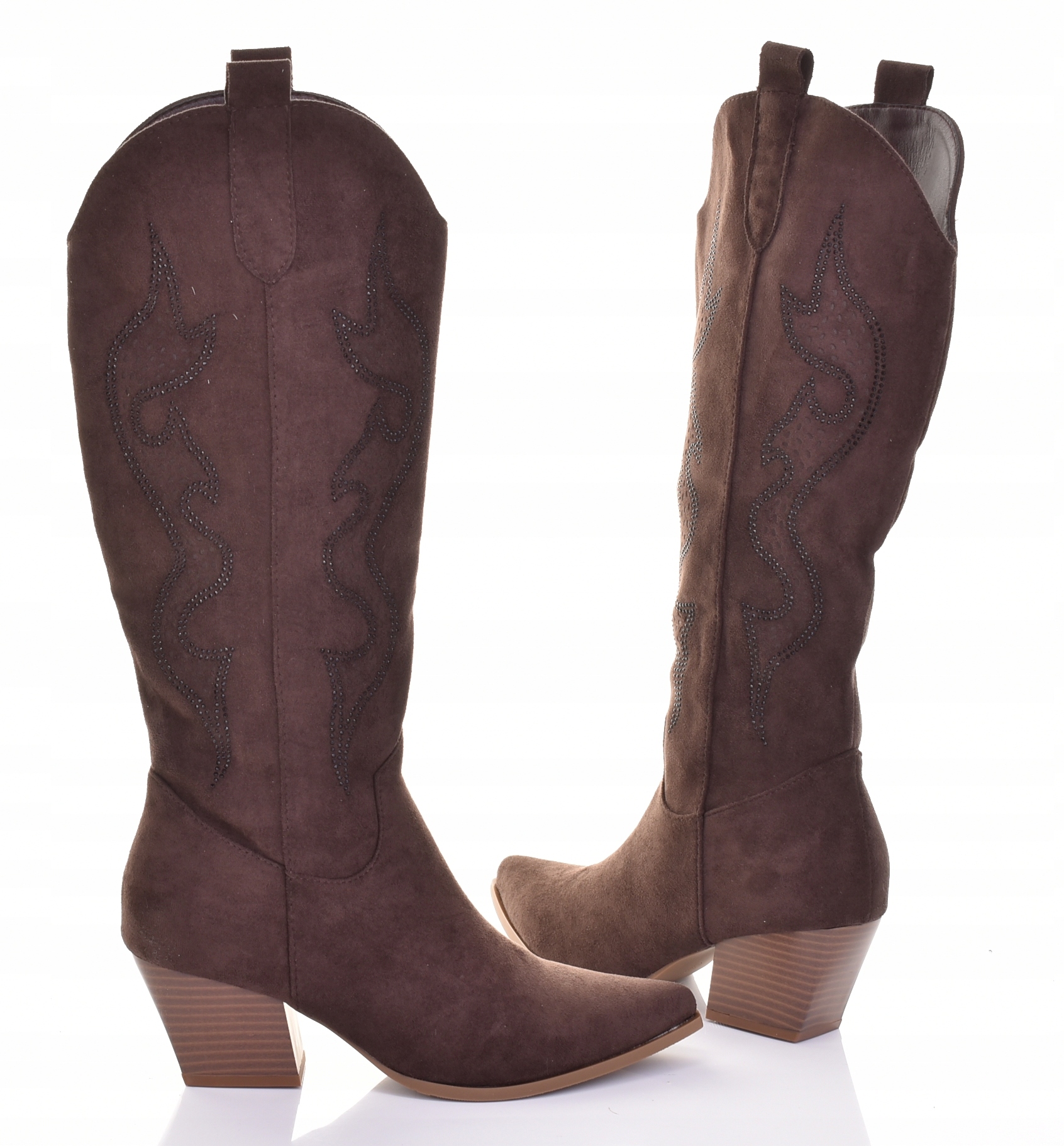 Dámské Kozačky Kovbojské Boty Semišové Před Koleno Elegantní Čokoládové