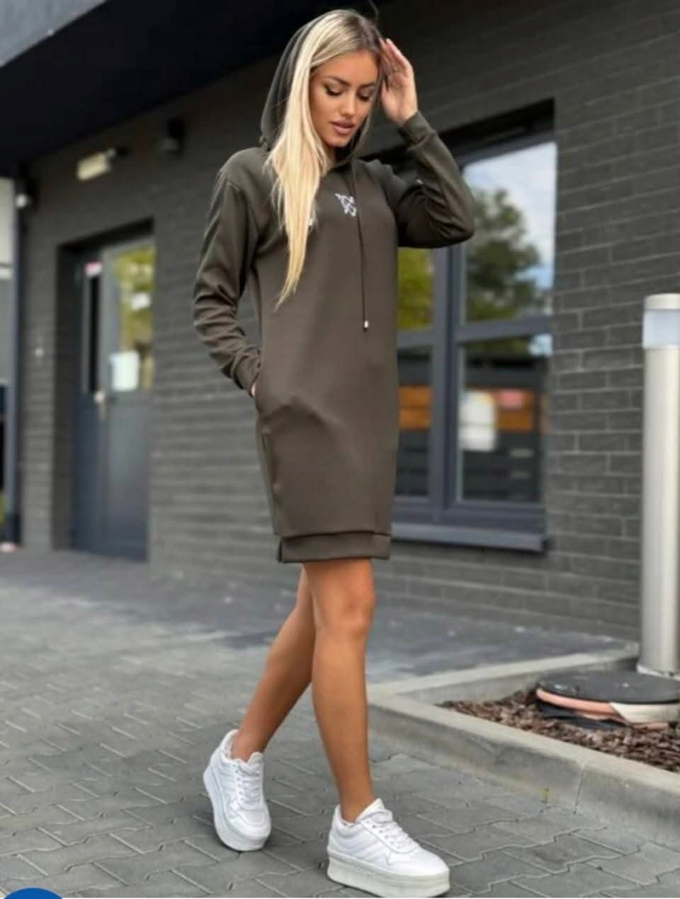 Polská dlouhá Mikina Šaty Kapuce Máslo Zeleň/Khaki S