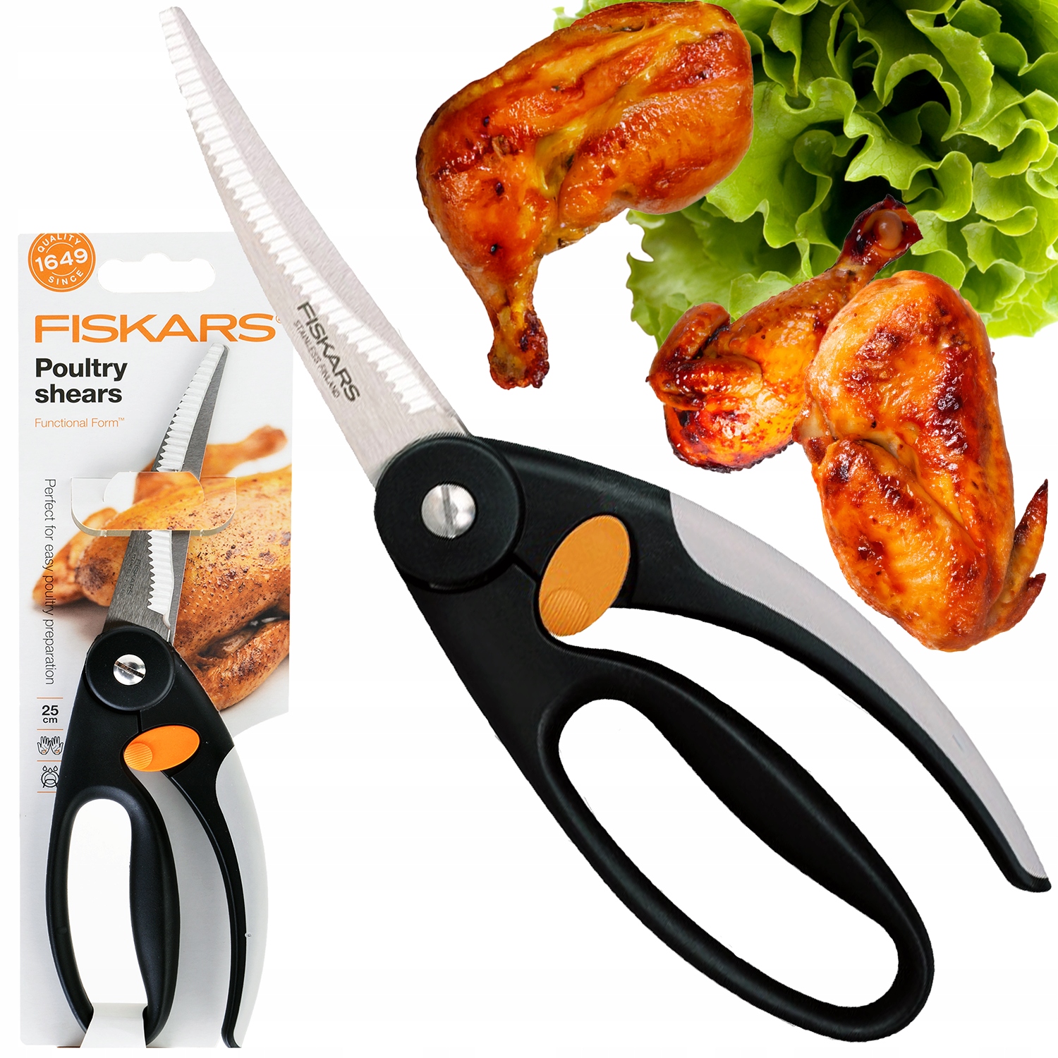 FISKARS NOŻYCE NOŻYCZKI KUCHENNE DO DROBIU KURCZAKA WYTRZYMAŁE SOLIDNE 25cm