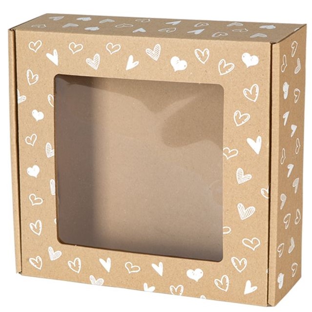 Pudełko z Okienkiem 20x20x5 Pudełko Prezentowe Nadruk Serca Karton Fasonow