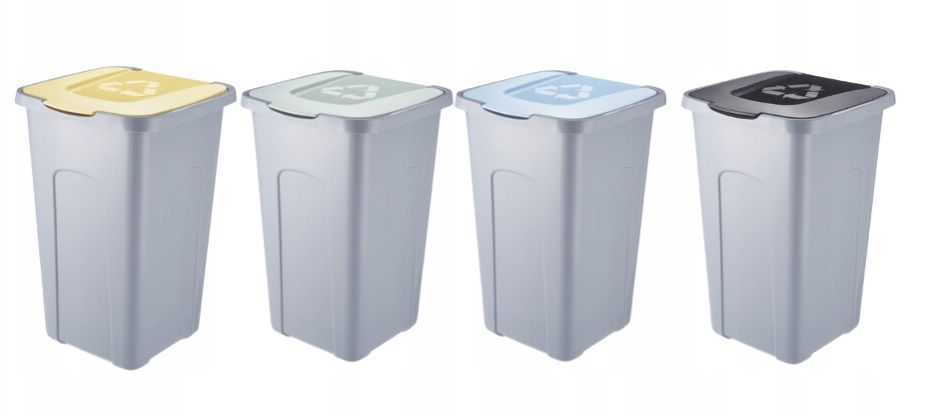 Zestaw szarych koszy Sorta do segregacji 4X50L Plastik Papier Szkło Inne