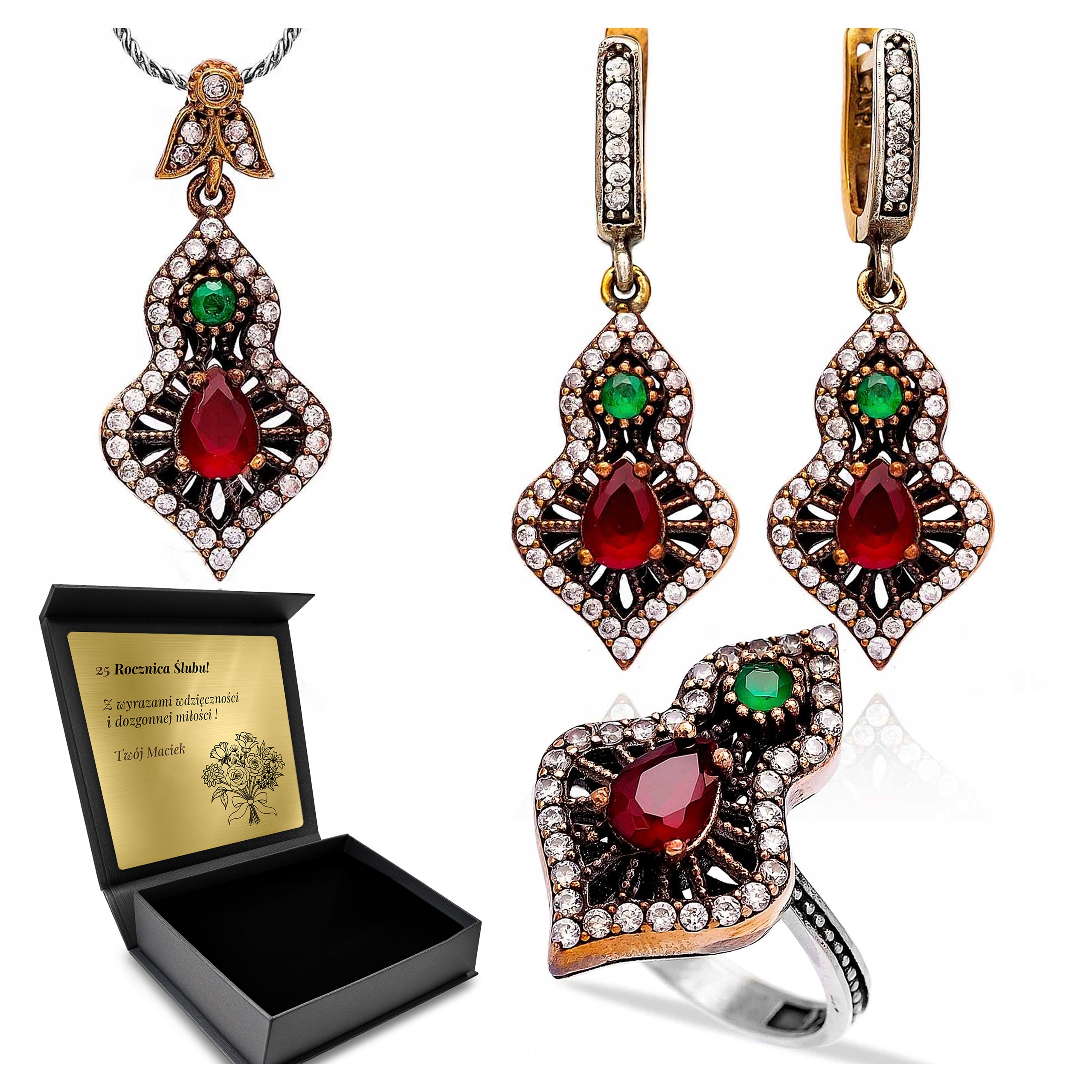 Sada Stříbrných Šperků 925 Zirkony Smaragd Granátová Sada Gravírování