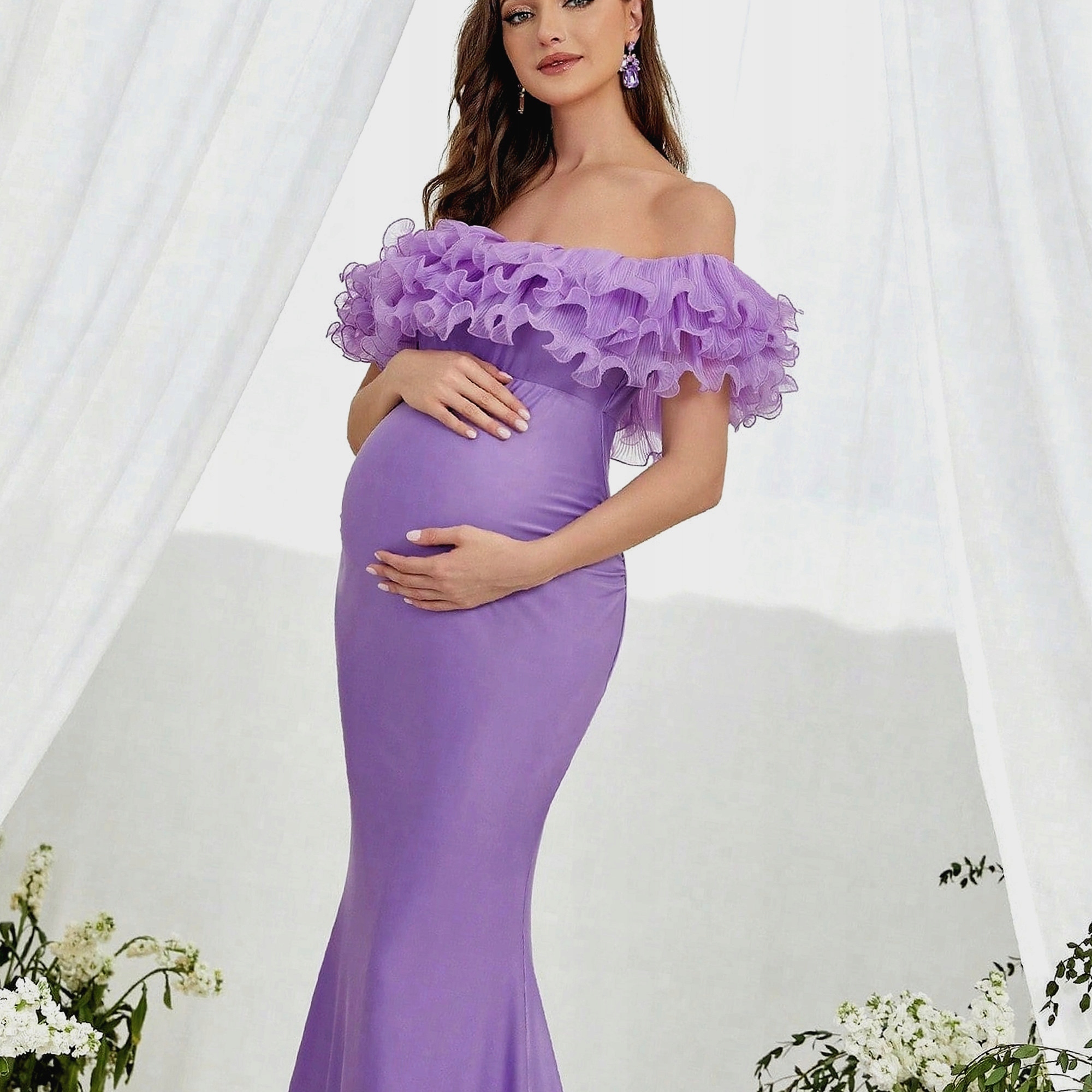 Šaty Lila Těhotenská Východní Siréna na kotníky Odhalená záda S 36