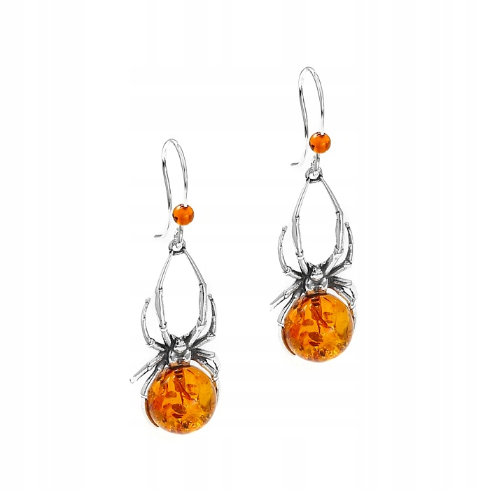Stříbrné Závěsné Náušnice Pavouci S Jantarem