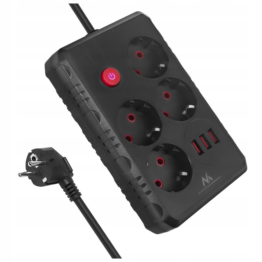 Maclean Listwa zasilająca MCE393 B 4 gniazda 3xUSB 110-240V AV 50/60Hz 1A max 2500W 3m czarna