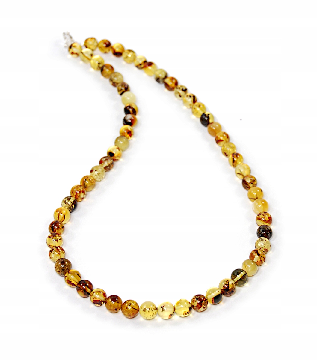 Naszyjnik z naturalnych Bursztynów kulki gładkie 8mm bursztyn srebro 60CM