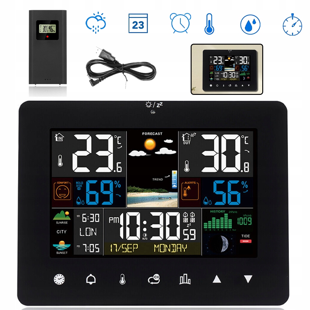 NOWOCZESNA RADIOWA STACJA POGODOWA, PROGNOZA POGODY, ZESTAWIE ZEGAR RADIOW