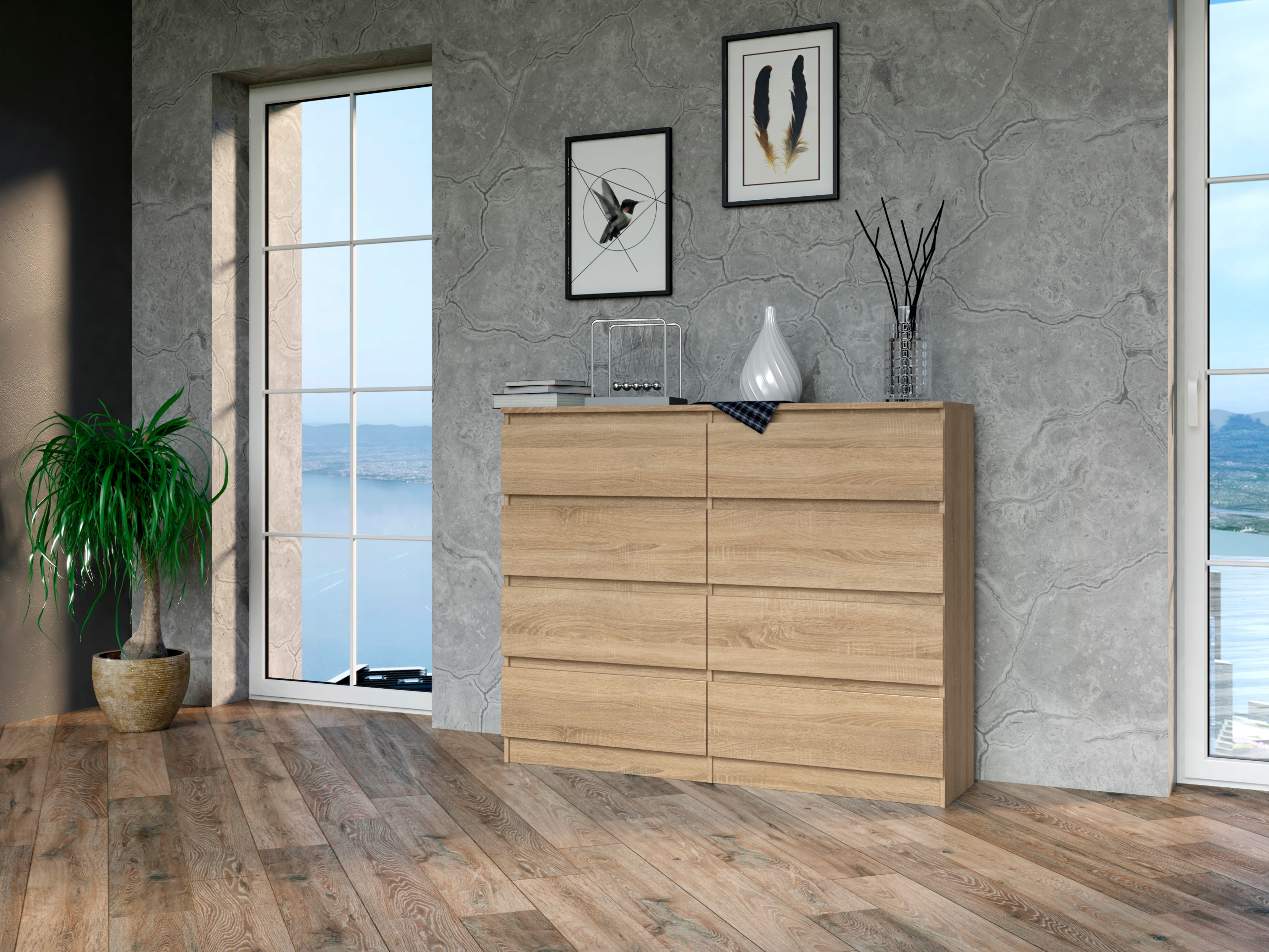 DUŻA KOMODA SZAFKA 8 SZUFLAD 120CM * DĄB SONOMA Kolor frontów dąb sonoma
