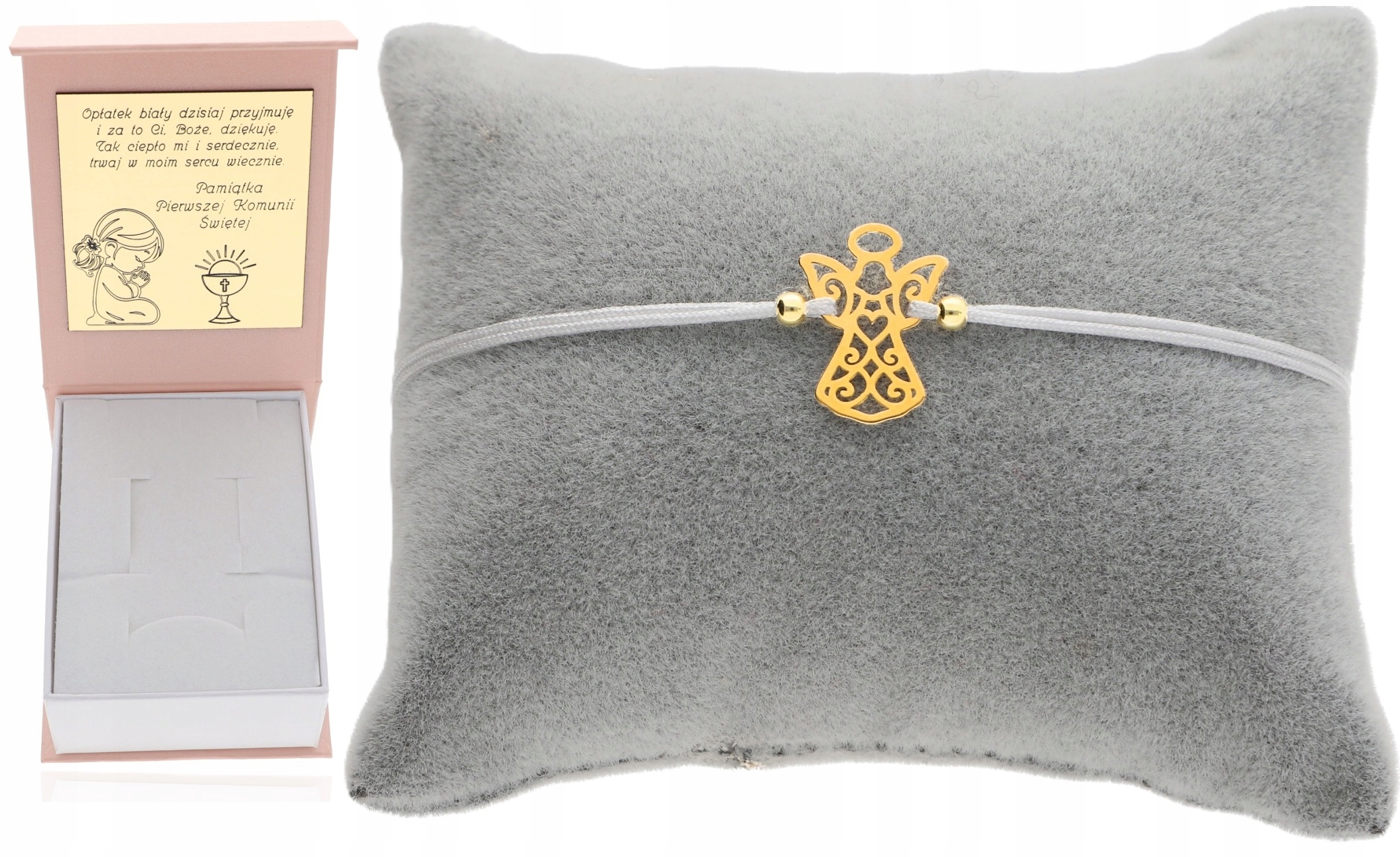 Zlatý zatahovací provázkový náramek s andělem Andělem svaté přijímání Gravírování